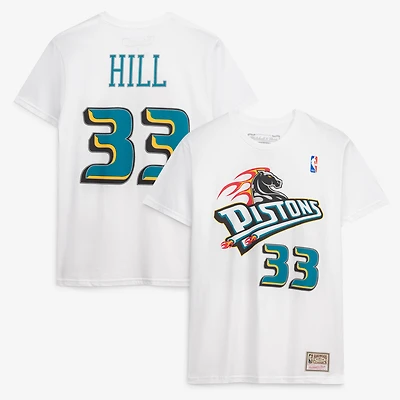 Men's Mitchell & Ness Grant Hill White Detroit Pistons Hardwood Classics Stitch Name Number T-Shirt
