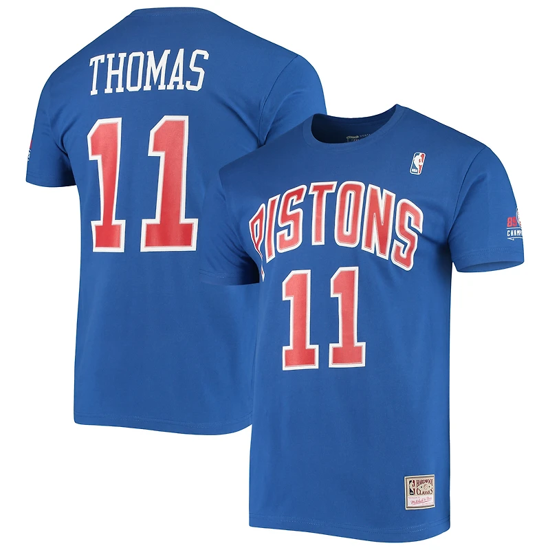 Men's Mitchell & Ness Isiah Thomas Blue Detroit Pistons Hardwood Classics Stitch Name Number T-Shirt