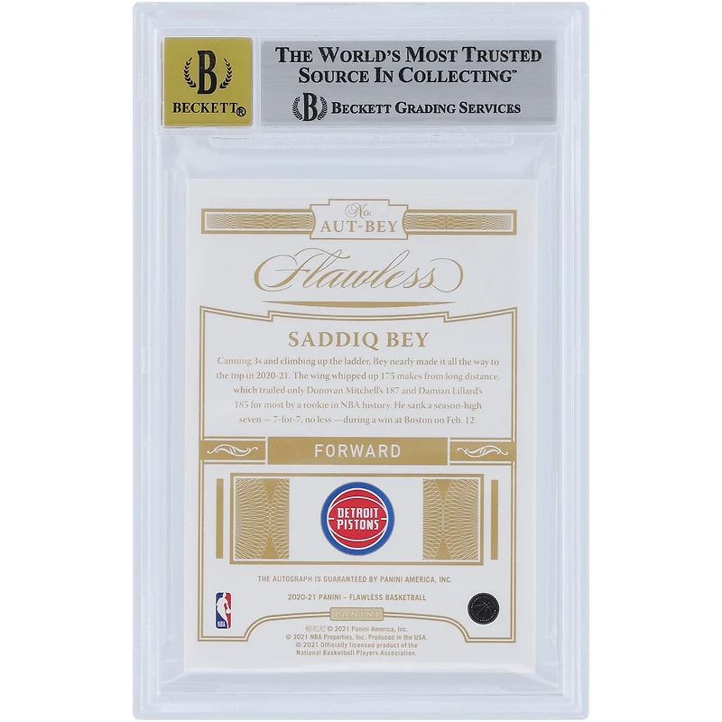 Carte de recrue Panini dédicacée 2020-21 sans défaut #AUT-BEY #1/25 BGS authentifiée 8,5/10 par Saddiq Bey Detroit Pistons