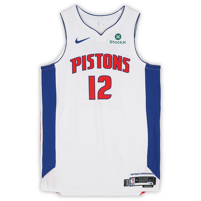 Maillot blanc Nike n° 12 porté par Tobias Harris (Détroit Pistons) lors des matchs contre les Milwaukee Bucks le 8 avril et contre les Indiana Pacers le 12 avril 2026 - Taille 50+4