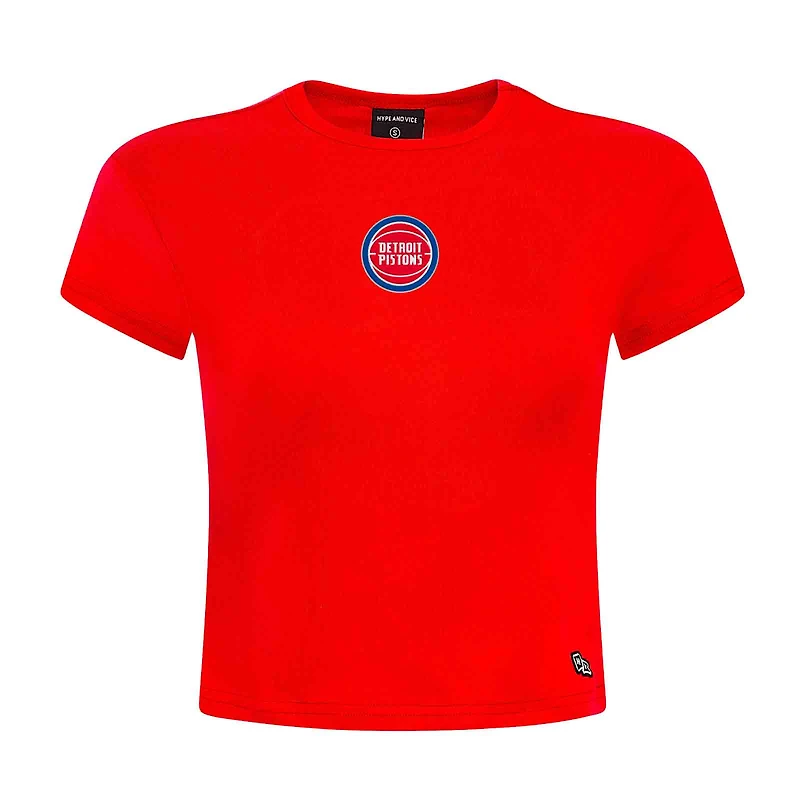 Women's Hype and Vice Red Detroit Pistons Small Logo Cropped Baby T-Shirt