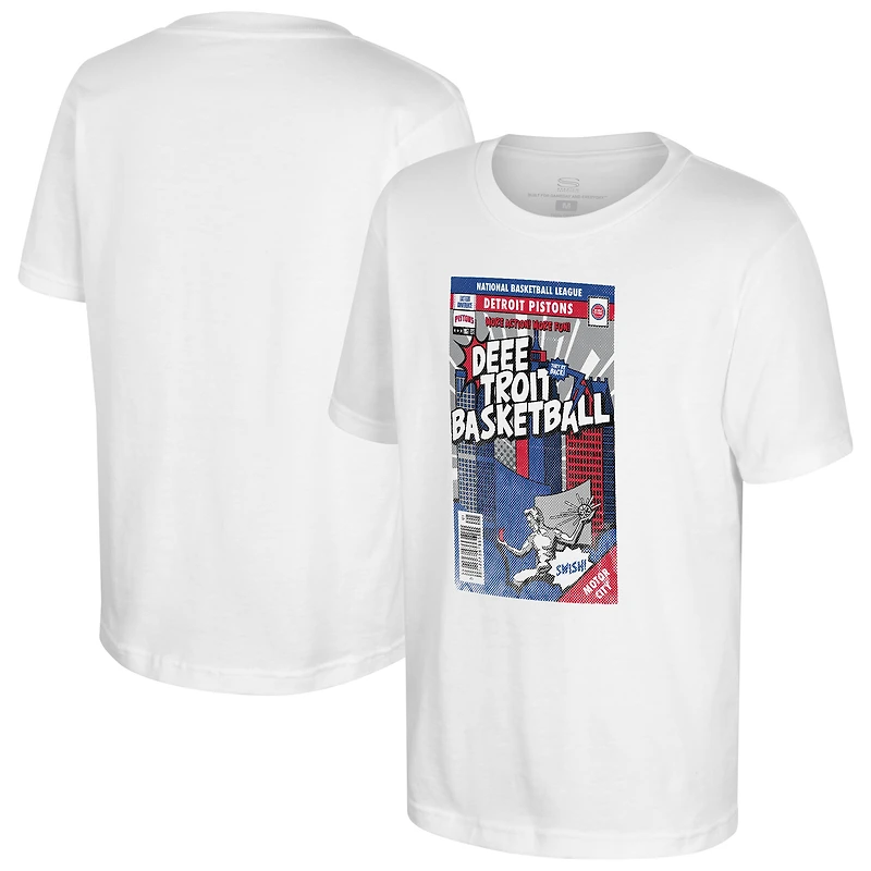 Youth Stadium Essentials White Detroit Pistons Comic Book Cover T-Shirt