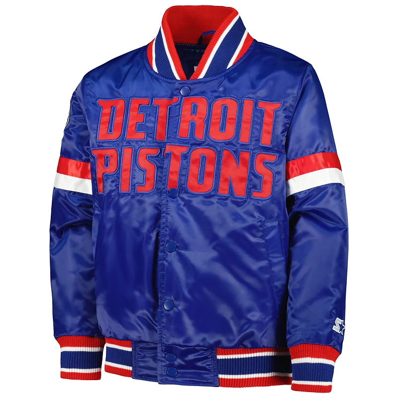Veste universitaire à bouton-pression en satin pour jeunes Starters des Detroit Pistons, bleu/rouge