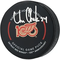 Rondelle de match officielle autographiée par Chris Chelios des Red Wings de Détroit, commémorant le 100e anniversaire