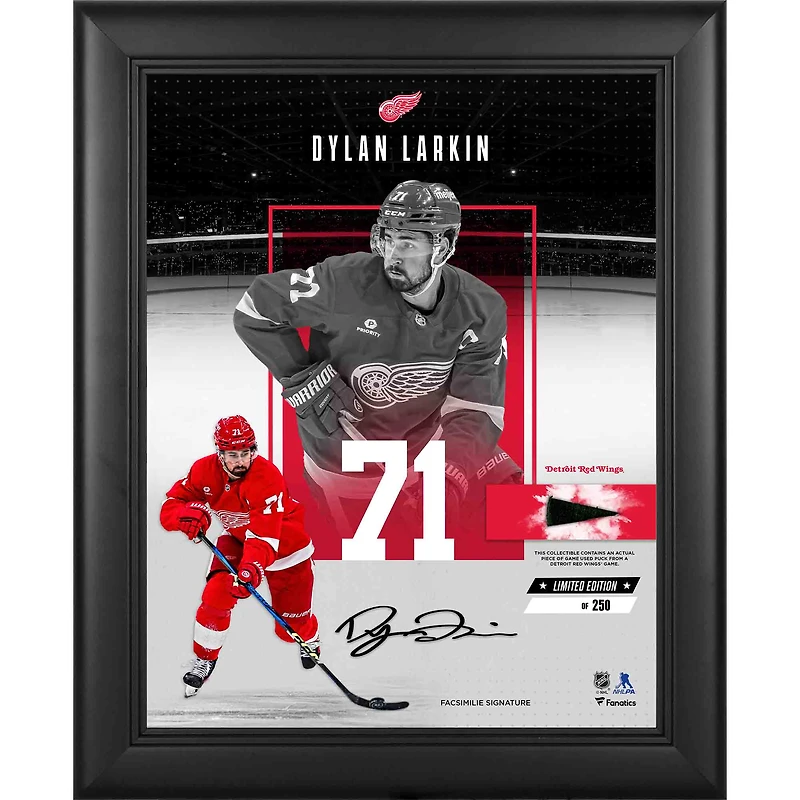 Collage encadré de Dylan Larkin, Red Wings de Detroit, reproduction de signature, 11" x 14", avec un morceau de rondelle utilisée lors du match - Édition limitée à 250 exemplaires