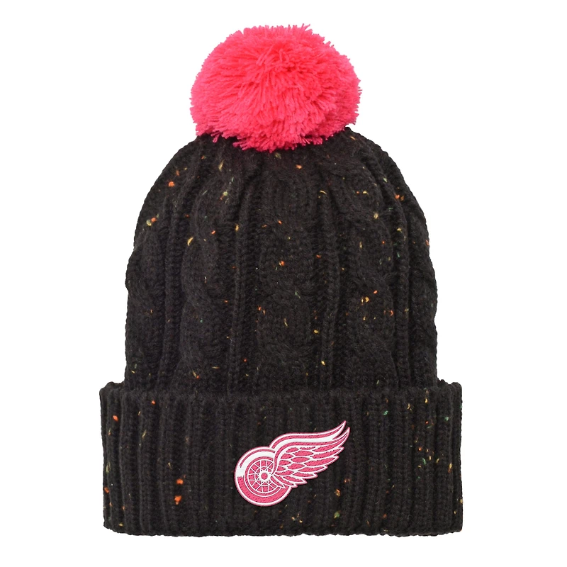 Bonnet en tricot à revers en fil Nep noir des Red Wings de Detroit pour filles avec pompon
