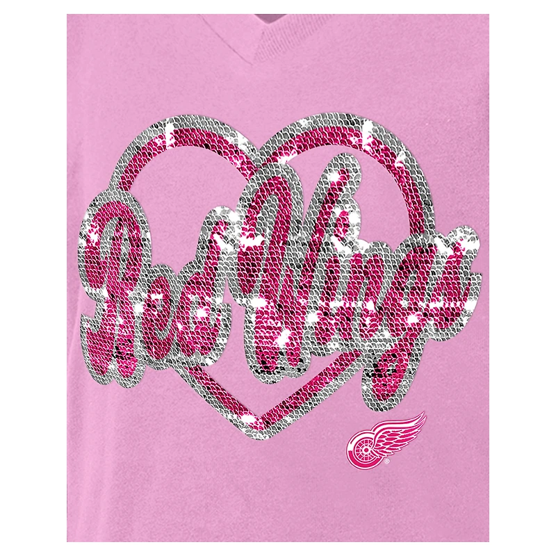T-shirt à col en V sequins roses Detroit Red Wings de New Era pour fille