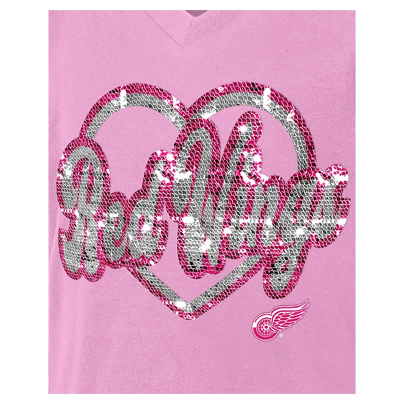 T-shirt à col en V sequins roses Detroit Red Wings de New Era pour fille