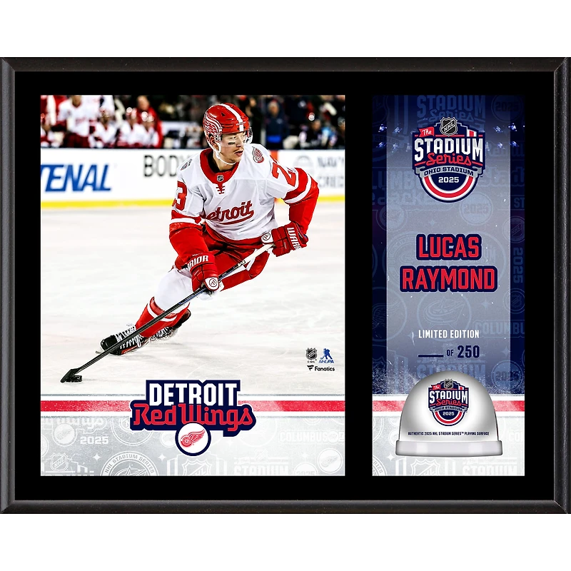 Plaque sublimée 12" x 15" de Lucas Raymond Detroit Red Wings 2025 NHL Stadium Series avec glace utilisée lors du match - Édition limitée à 250