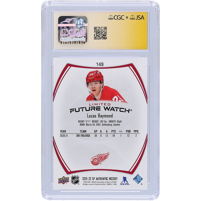 Carte recrue autographiée 2021-22 Upper Deck SP Authentic Limited Red #149 CGC Fanatics Witnessed Auto 10 Rookie Card de Lucas Raymond Detroit Red Wings