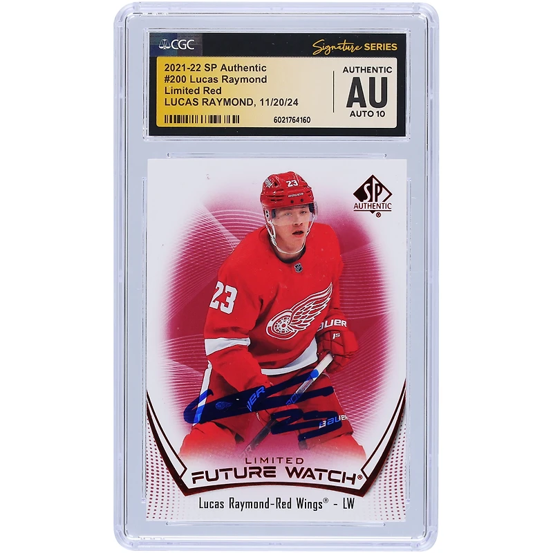 Carte recrue autographiée 2021-22 Upper Deck SP Authentic Limited Red #200 CGC Fanatics Witnessed Auto 10 Rookie Card de Lucas Raymond Detroit Red Wings