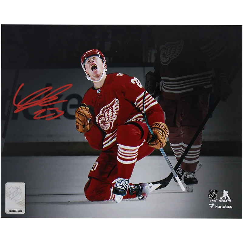 Lucas Raymond Detroit Red Wings Autographed 8" x 10" 100th Goal Celebration Spotlight Photograph