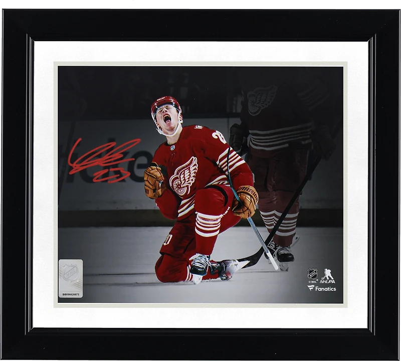 Lucas Raymond Detroit Red Wings Autographed 8" x 10" 100th Goal Celebration Spotlight Photograph