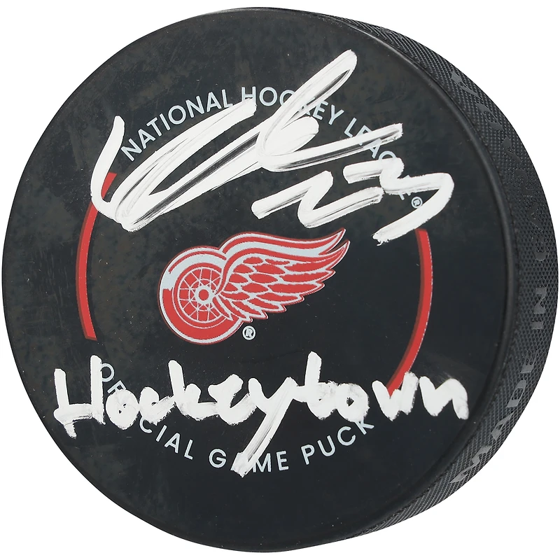 Lucas Raymond Detroit Red Wings Autographed Official Game Puck with "Hockeytown" Inscription