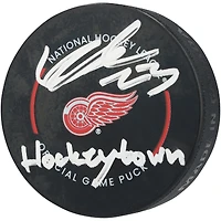 Lucas Raymond Detroit Red Wings Autographed Official Game Puck with "Hockeytown" Inscription