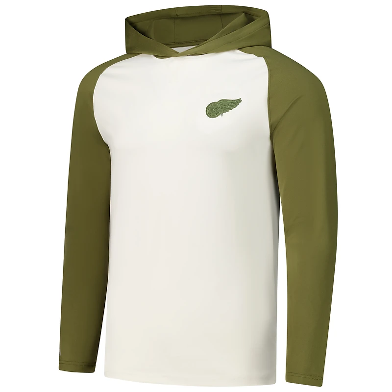 T-shirt à capuche manches longues raglan Intrepid Sand pour homme, couleur crème/olive, Detroit Red Wings, Antigua