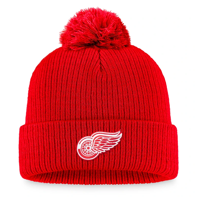 Bonnet à revers Fanatics rouge Detroit Red Wings avec logo principal et pompon