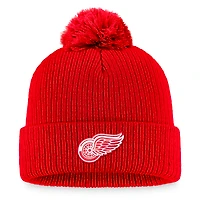 Bonnet en tricot à revers avec logo principal des Red Wings de Detroit pour hommes Fanatics Red et pompon