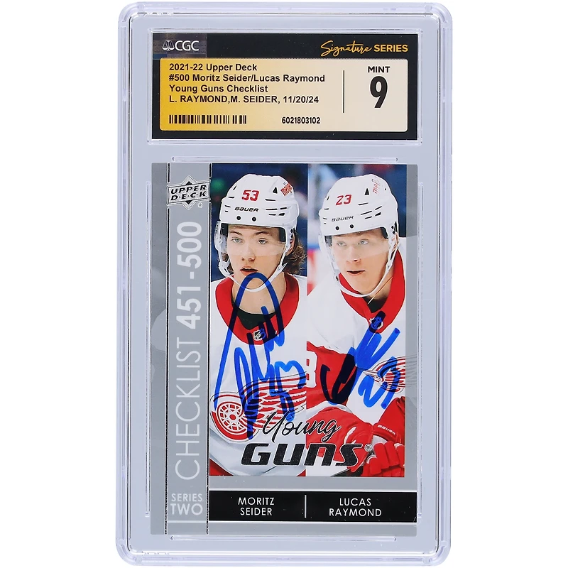 Moritz Seider et Lucas Raymond Detroit Red Wings 2021-22 Upper Deck Series 2 Young Guns Checklist #500 CGC Fanatics Witnessed Authenticated 9 Rookie Card autographiés