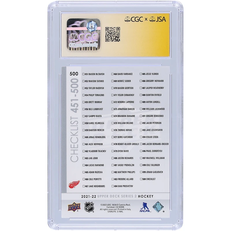 Moritz Seider et Lucas Raymond Detroit Red Wings 2021-22 Upper Deck Series 2 Young Guns Checklist #500 CGC Fanatics a été témoin d'une carte recrue authentifiée Auto 10