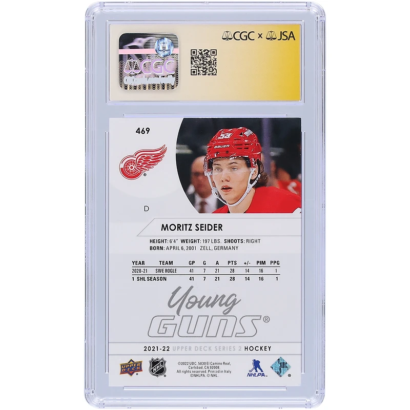 Moritz Seider Detroit Red Wings Autographed 2021-22 Upper Deck Series 2 Young Guns #469 CGC Fanatics Witnessed Authenticated / Rookie Card