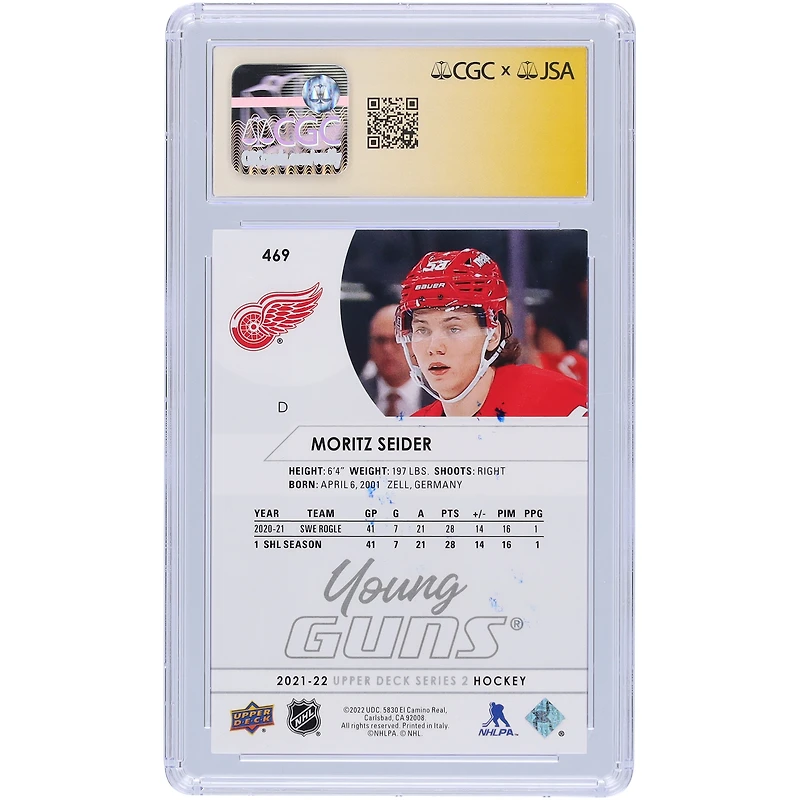Moritz Seider Detroit Red Wings Carte de recrue authentifiée dédicacée 2021-22 Upper Deck Series 2 Young Guns #469 CGC Fanatics