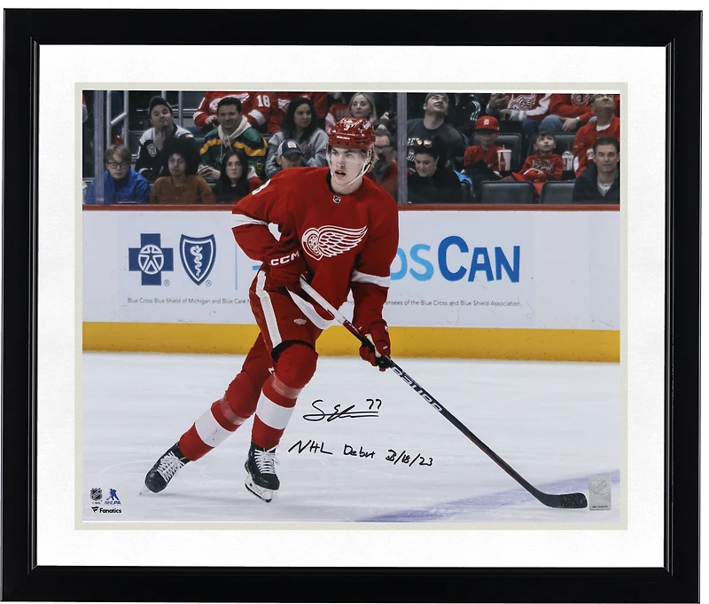 MOU RDWNGS NO COLOR SIMON EDVINSSON DETROIT RED WINGS AUTOGRAPHED 16" X 20" NHL DEBUT RED JERSEY SKATING PHOTOGRAPH WITH "NHL DEBUT 3-18-23" INSCRIPTION SIMON EDVINSSON AUT 16X20 PHOTO 45029 AUTPHO