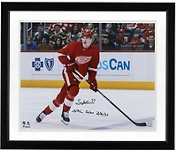 MOU RDWNGS NO COLOR SIMON EDVINSSON DETROIT RED WINGS AUTOGRAPHED 16" X 20" NHL DEBUT RED JERSEY SKATING PHOTOGRAPH WITH "NHL DEBUT 3-18-23" INSCRIPTION SIMON EDVINSSON AUT 16X20 PHOTO 45029 AUTPHO