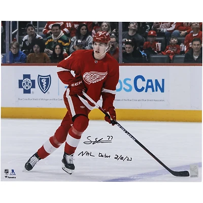 MOU RDWNGS NO COLOR SIMON EDVINSSON DETROIT RED WINGS AUTOGRAPHED 16" X 20" NHL DEBUT RED JERSEY SKATING PHOTOGRAPH WITH "NHL DEBUT 3-18-23" INSCRIPTION SIMON EDVINSSON AUT 16X20 PHOTO 45029 AUTPHO