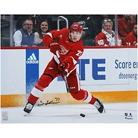 Simon Edvinsson Detroit Red Wings Autographed 16" x 20" Red Jersey Shooting Photograph