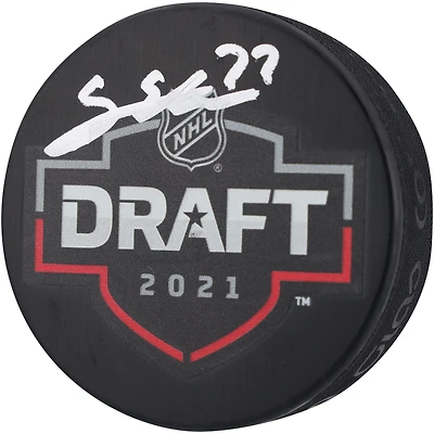 Rondelle de hockey autographiée par Simon Edvinsson des Red Wings de Détroit lors du repêchage de la LNH 2021