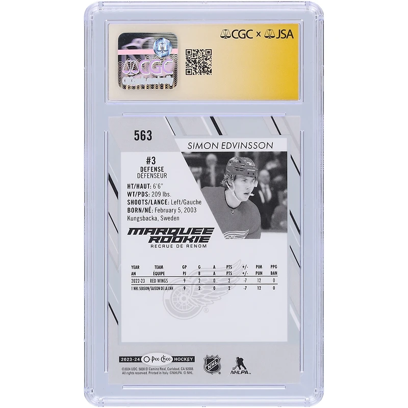 Carte recrue autographiée 2023-24 Upper Deck O-Pee-Chee #563 de Simon Edvinsson Detroit Red Wings, carte Auto 10 authentifiée par les fanatiques de CGC