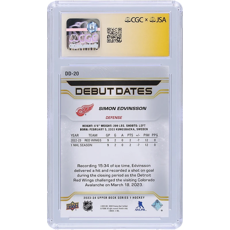 Simon Edvinsson Detroit Red Wings Autographed 2023-24 Upper Deck Series 1 Debut Dates #DD-20 CGC Fanatics Witnessed Authenticated 10/10 Rookie Card