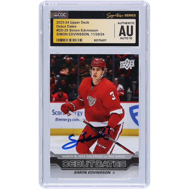 Simon Edvinsson Detroit Red Wings Autographié 2023-24 Upper Deck Série 1 Dates de début #DD-20 CGC Fanatics Witnessed Authenticated Auto 10 Rookie Card