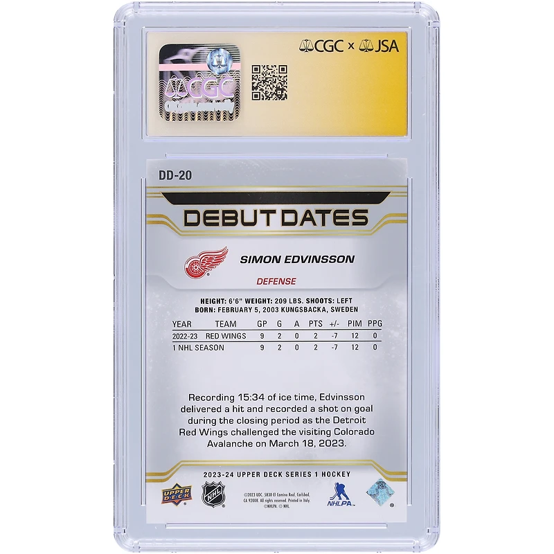 Simon Edvinsson Detroit Red Wings Autographié 2023-24 Upper Deck Série 1 Dates de début #DD-20 CGC Fanatics Witnessed Authenticated Auto 10 Rookie Card