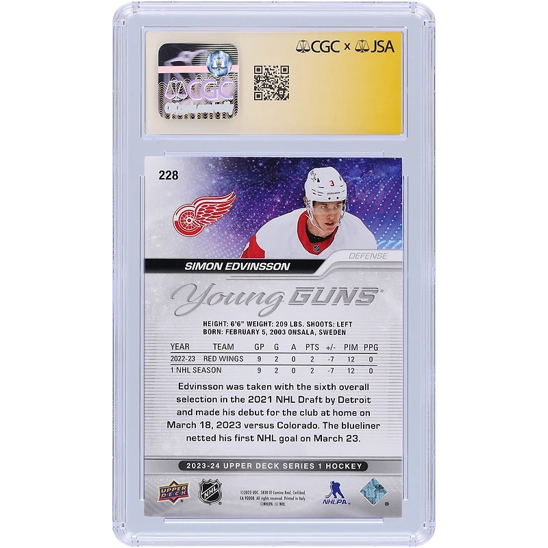 Carte de recrue autographiée 10/10 2023-24 Upper Deck Series 1 Young Guns #228 CGC Fanatics Witnessed Detroit Red Wings