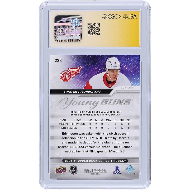 Carte de recrue 9/10 autographiée par Simon Edvinsson Detroit Red Wings 2023-24 Upper Deck Series 1 Young Guns #228 CGC Fanatics Witnessed Authenticated