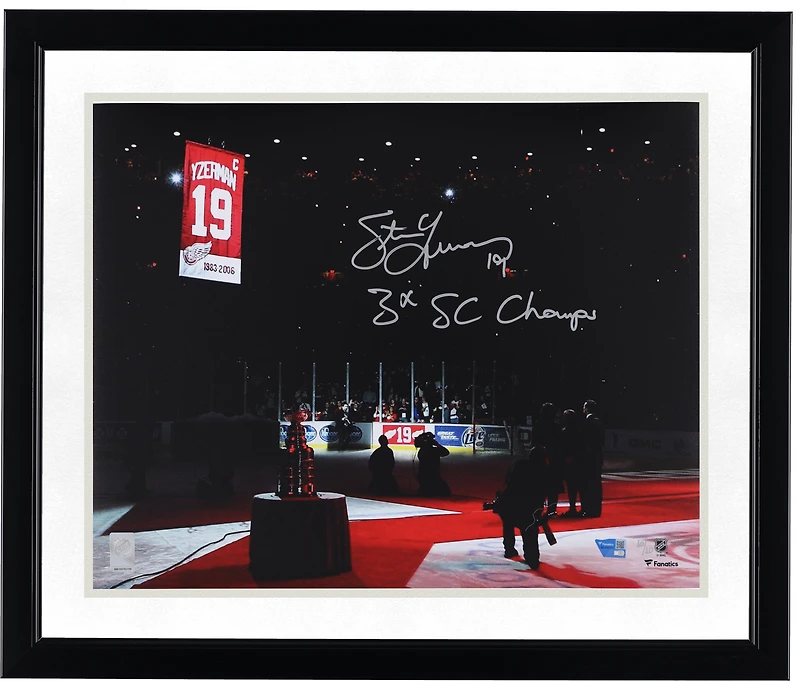 Steve Yzerman Detroit Red Wings Autographed 16" x 20" Jersey Retirement Night Photograph with "3X SC Champ" Inscription
