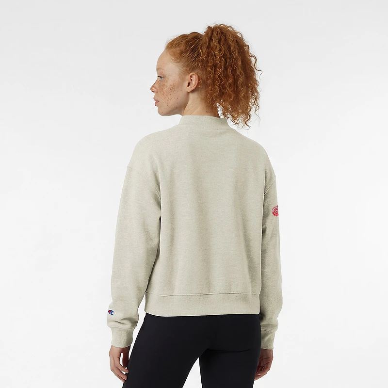 Women's Champion  Oatmeal Detroit Red Wings Collar Script Triumph Fleece Crewneck Sweatshirt