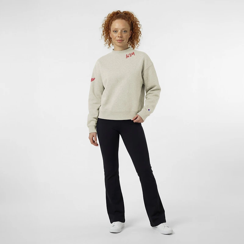 Women's Champion  Oatmeal Detroit Red Wings Collar Script Triumph Fleece Crewneck Sweatshirt
