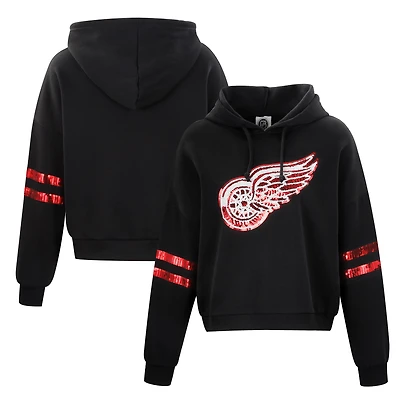 Sweat à capuche court sequins Cuce Black Detroit Red Wings pour femme