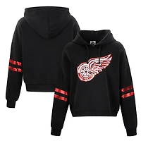 Sweat à capuche court sequins Cuce Black Detroit Red Wings pour femme