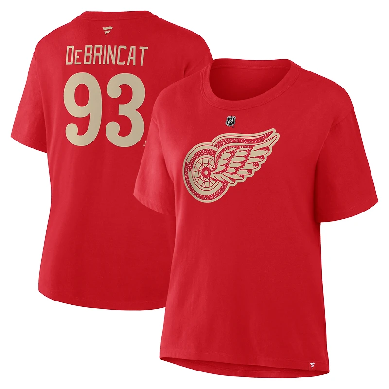 T-shirt authentique Fanatics Alex DeBrincat rouge des Red Wings de Détroit avec nom et numéro superposés pour femmes