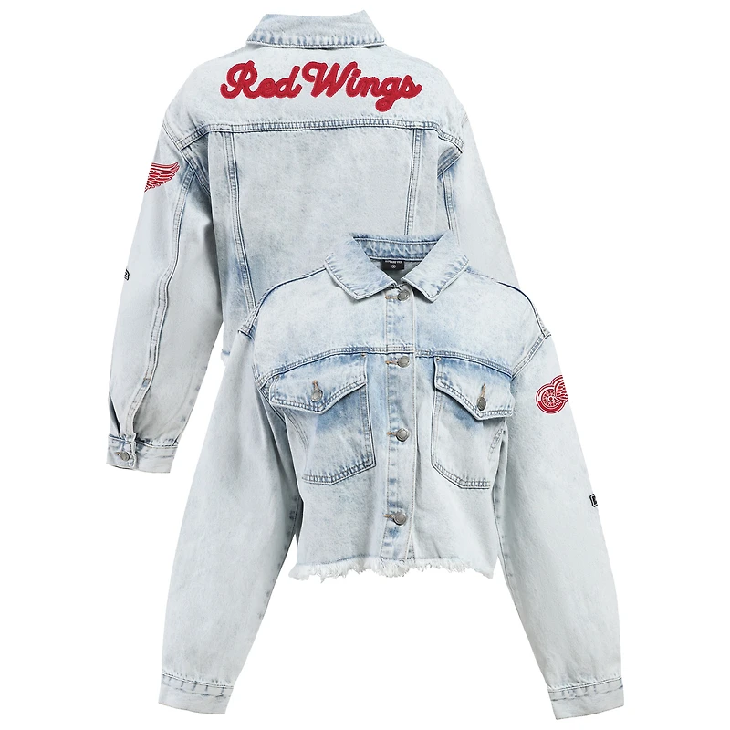 Women's Hype and Vice Denim Detroit Red Wings Chenille Raw Edge Cropped Full-Button Jean Jacket