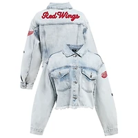 Women's Hype and Vice Denim Detroit Red Wings Chenille Raw Edge Cropped Full-Button Jean Jacket