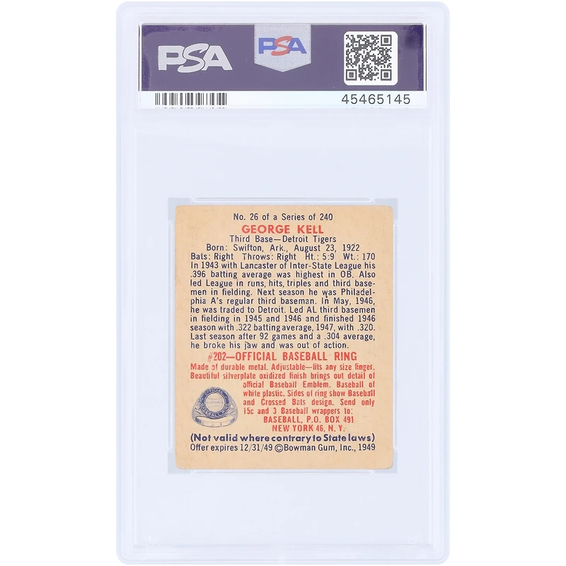 George Kell Detroit Tigers 1949 Bowman #26 PSA Authenticated 2 Rookie Card