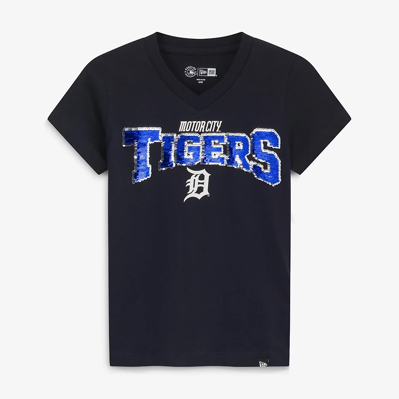 T-shirt à col en V sequins réversibles New Era bleu marine Detroit Tigers City Connect pour jeunes filles