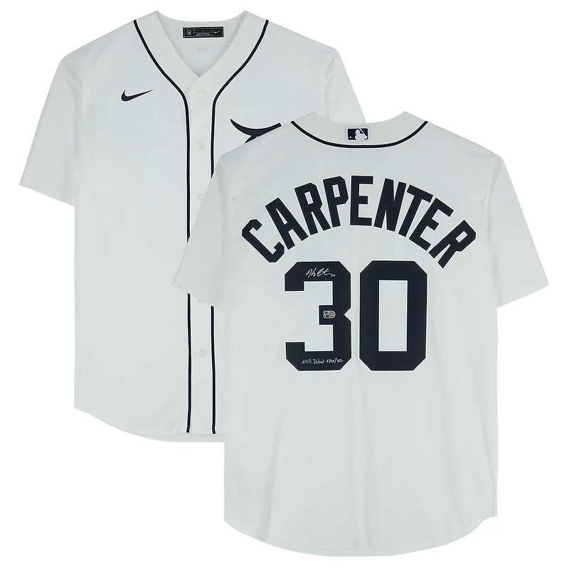 Maillot réplique blanc Nike autographié par Kerry Carpenter des Tigers de Detroit avec inscription « Débuts en MLB le 10/08/2022 »