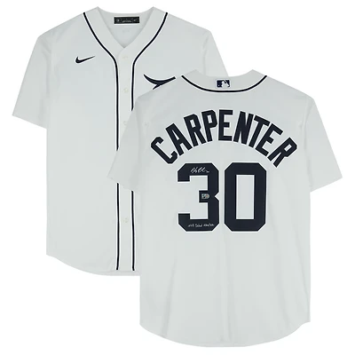 Maillot réplique blanc Nike autographié par Kerry Carpenter des Tigers de Detroit avec inscription « Débuts en MLB le 10/08/2022 »