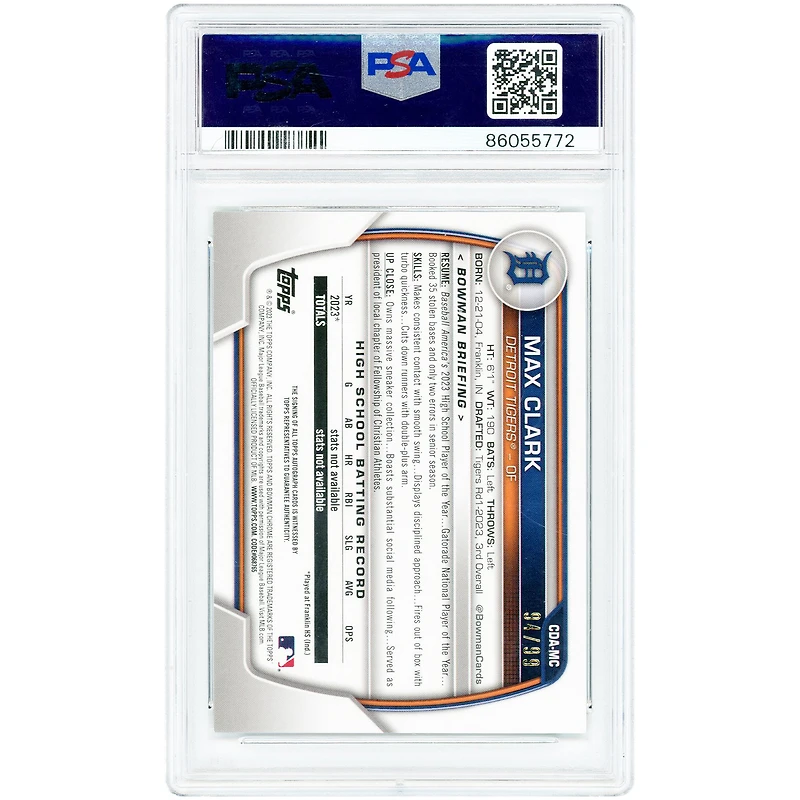 Max Clark Detroit Tigers Autographed 2023 Bowman Draft Chrome Green Lava Refractor #CDA-MC #94/99 PSA Authenticated 9 Card